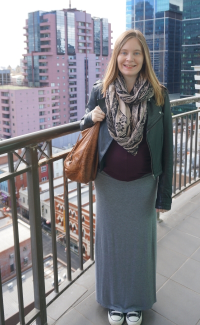 Away from blue | Second Trimester layered outfit paisley snood leather jacket burgundy tee grey maxi skirt