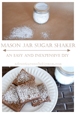 Learn how to make a Powdered Sugar Shaker from a Mason Jar. This easy and inexpensive DIY can be made about 5 minutes. #powderedsugarshaker #masonjarpowderedsugarshaker #DIYpowderedsugarshaker #adventuresofadiymom #easyDIYpowderedsugarshaker