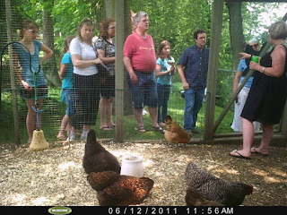 Guests for the Chicken Coop Tour gather to hear a chicken-keeper talk