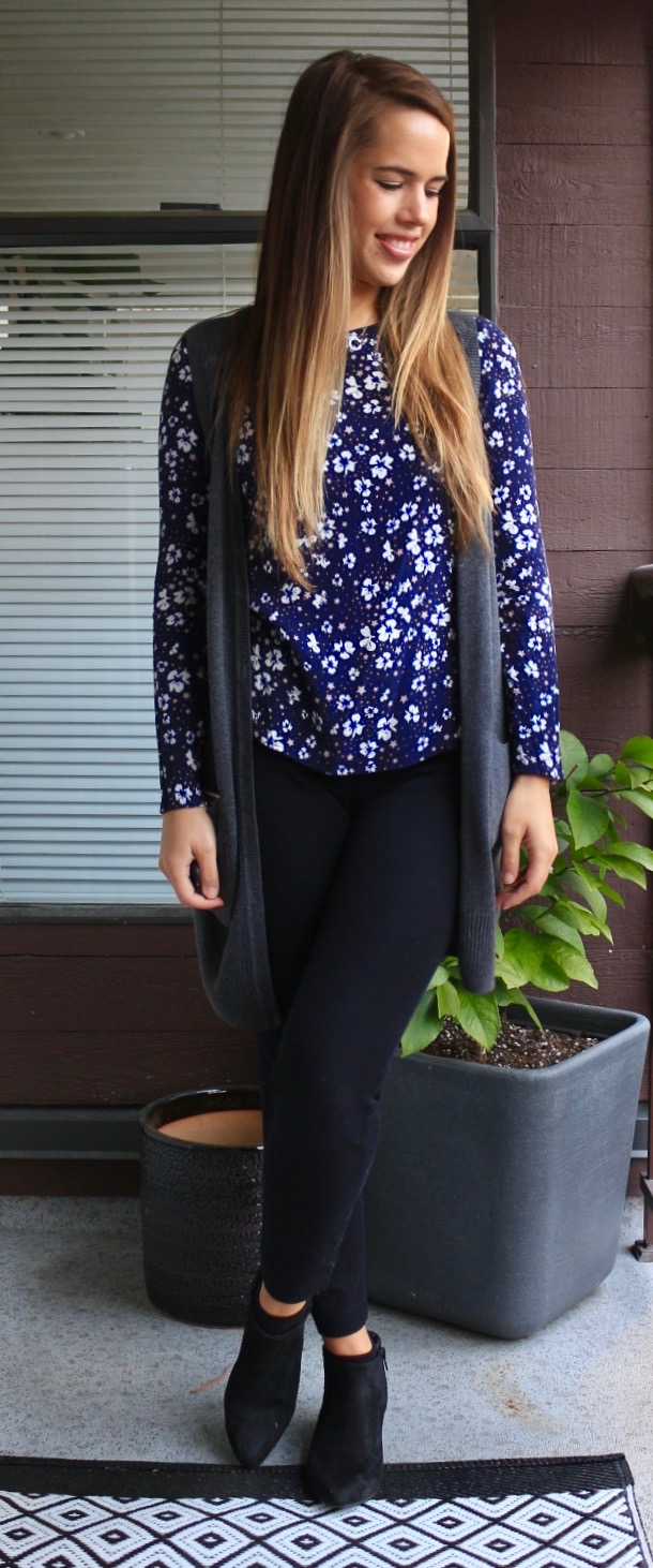 Jules in Flats - Floral Blouse + Sweater Vest + Ankle Pants + Booties for Work