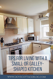 Tips for living with a small or galley shaped kitchen featuring advice on organisation, maximising space, and storage