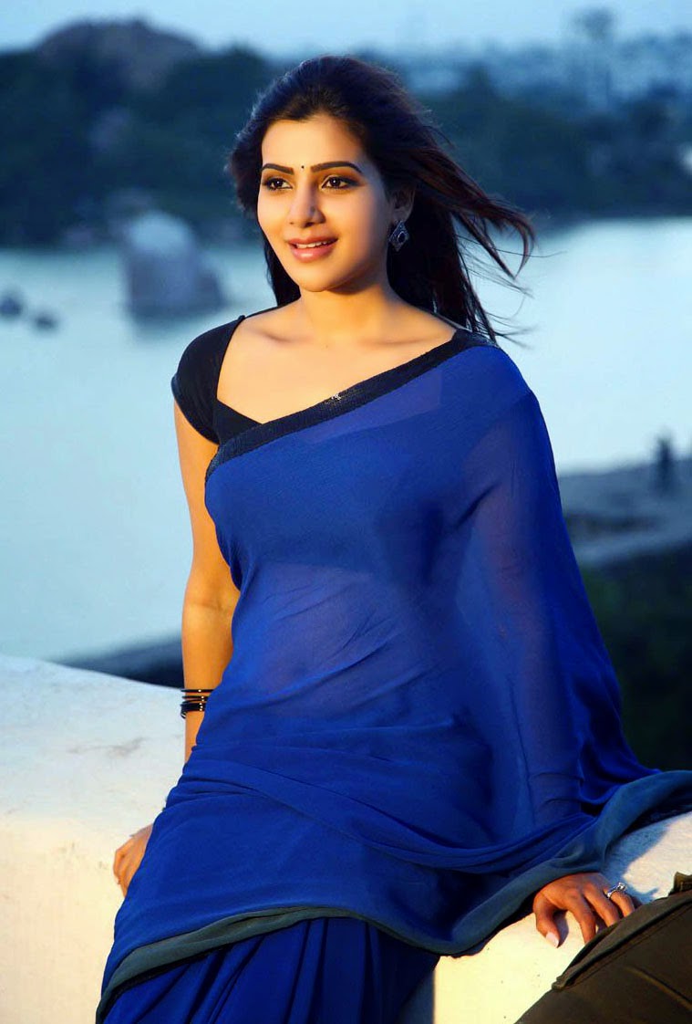 Samantha Hot Navel Show Wallpapers In Blue Saree - Tollywood Stars