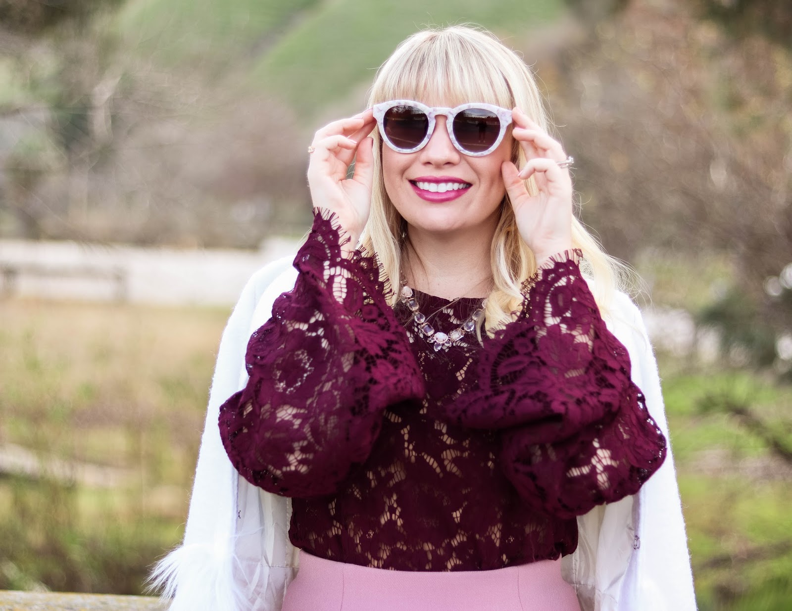 Elizabeth Hugen of Lizzie in Lace styles a Pink and Plum Valentine's Day Outfit
