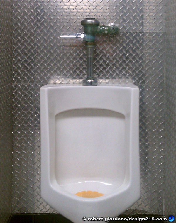 A urinal in a men's room surrounded by diamondplate, Copyright 2011 Robert Giordano