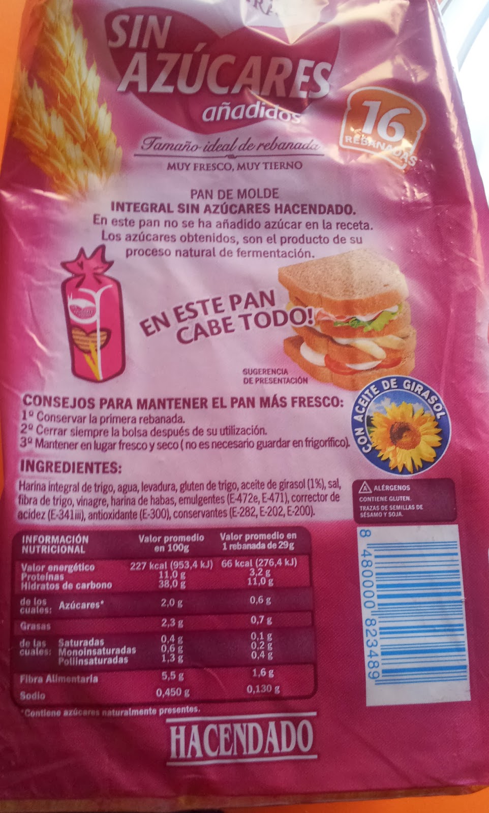 Anadido rebanadas hacendado integral sin molde pan azucar 16