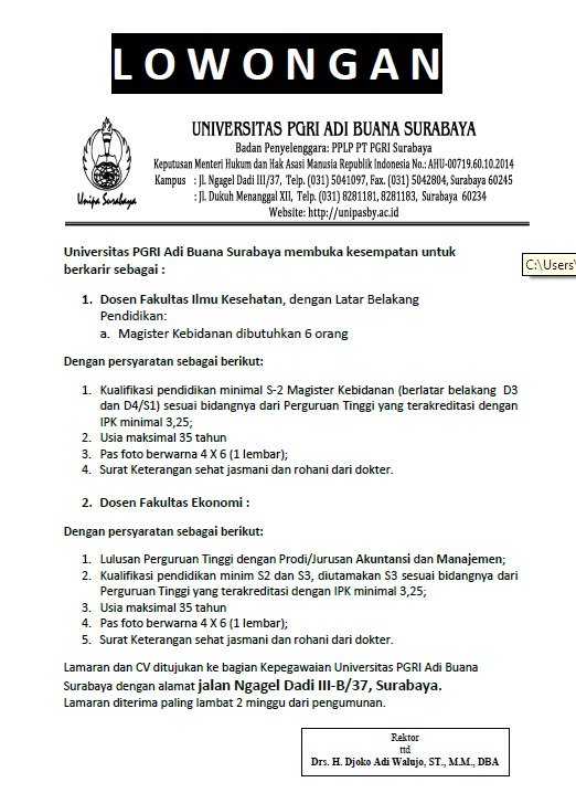 Lowongan Dosen Kebidanan Universitas PGRI Adi Buana Surabaya (UNIPASBY)