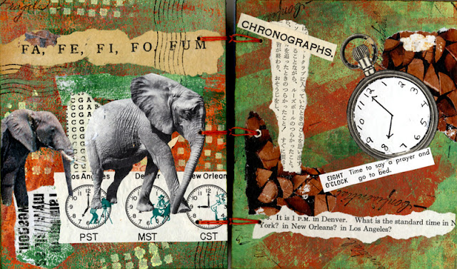 Collaged book with elephants and clocks