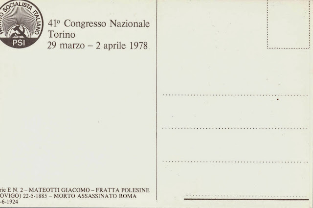 Cartolina con Giacomo Matteotti, congresso nazionale PSI, Torino 1978, retro, manifestipolitici.it