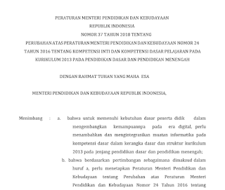  ini Pemerintah kembali mengubah Kompetensi Inti  Permendikbud no 37 Tahun 2018 Pdf Tentang KI dan KD SD SMP SMA Revisi Terbaru