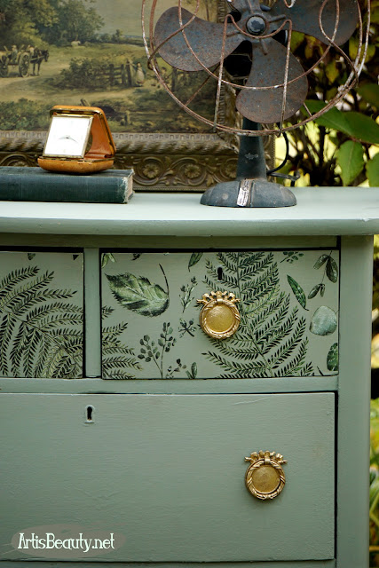 small antique chest dresser given update using general finishes basil milk paint and redesign by prima fern color transfer diy artisbeauty.net karin chudy color makeover