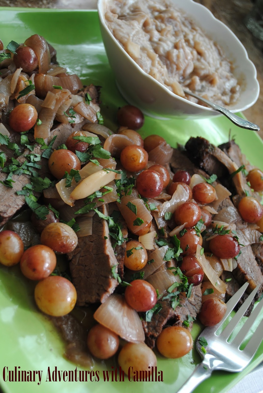 Beef Brisket with Roasted Grapes and Horseradish Gremolata {Thanksgivukkah}