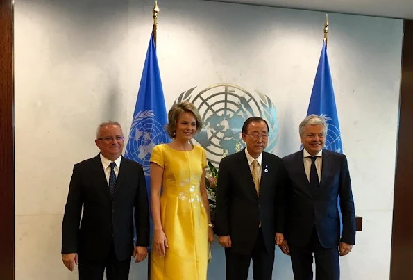 Queen Mathilde met with UN Secretary-General Ban Ki-moon.  Children, Not Soldiers - United Nations conference, New York. Queen wore Natan Dress