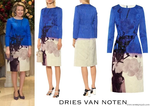 Queen Mathilde wore DRIES VAN NOTEN Floral printed jacquard midi dress