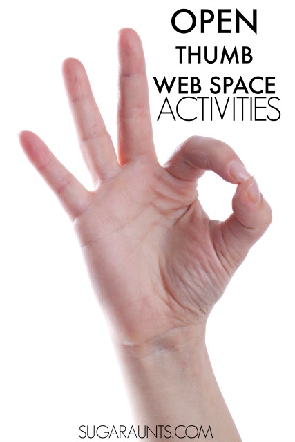 This fine motor activity works on open web space of the thumb and finger in the hand. An open web space is important for fine motor tasks like handwriting and tool use. Kids will love these ideas to work on an open web space, from an Occupational Therapist.
