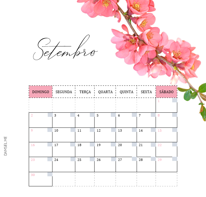 CALENDÁRIO MENSAL SETEMBRO DAMSEL.me CALENDÁRIO MENSAL SETEMBRO DAMSEL.me