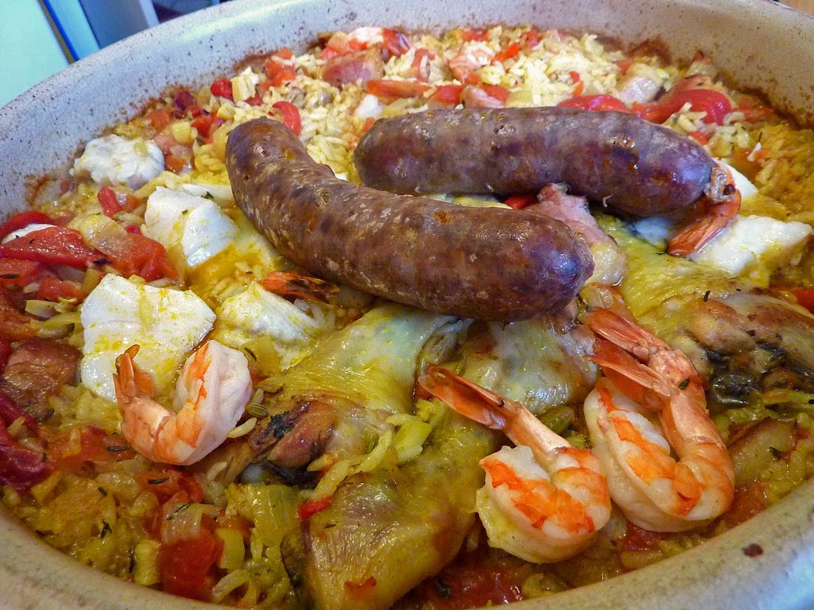 Living the life in SaintAignan Paella — rice, chicken, pork, seafood