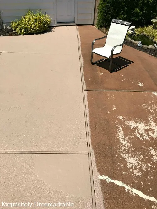 Before And After Painted Cement Patio with one side painted and other still cracked and faded.