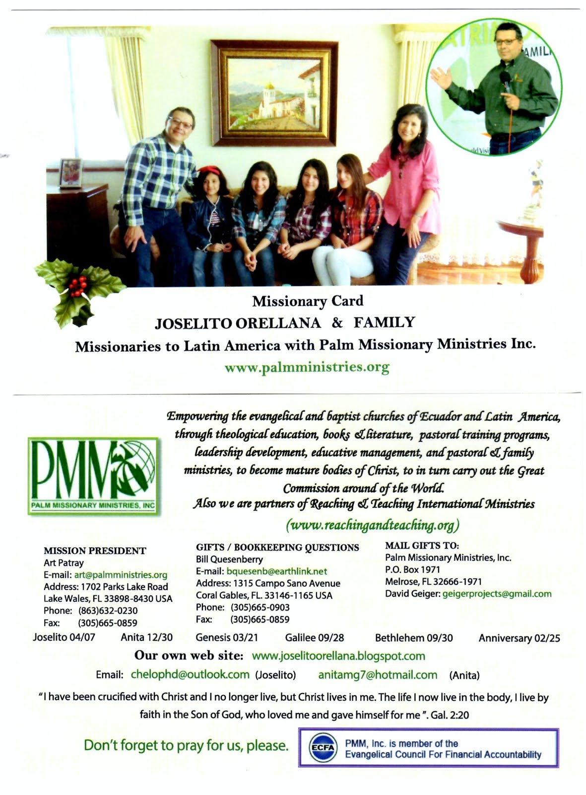 Our Missionary Card, PMM Inc., USA