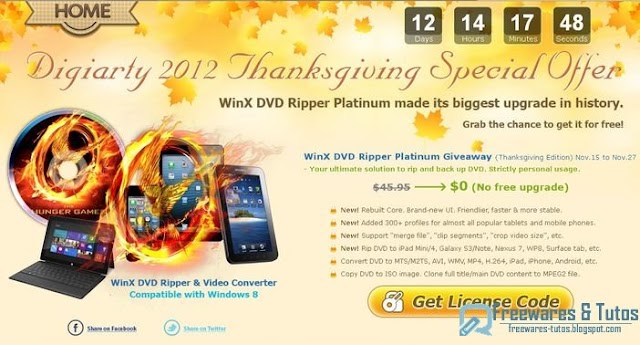 Offre promotionnelle : WinX DVD Ripper Platinum gratuit (spécial Thanksgiving 2012) !
