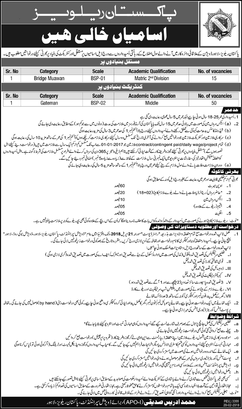 Jobs in Pak Railways 2018 for Bridge Man and others