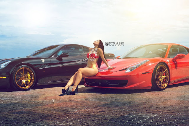 Two Hot Girls Meet a Ferrari California and Ferrari 458 Italia