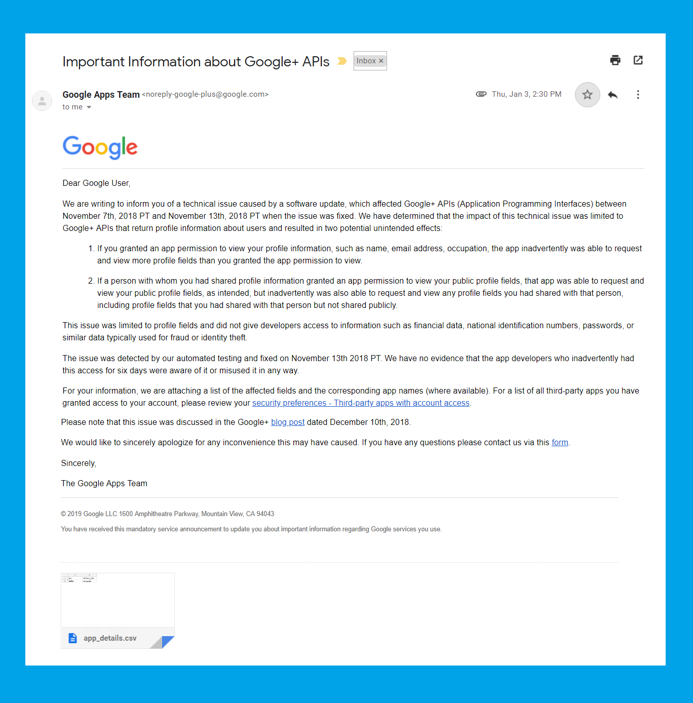 GooglePlus Data Breach: Ironically Affected Users Get Notified via (unpersonalized) Mails