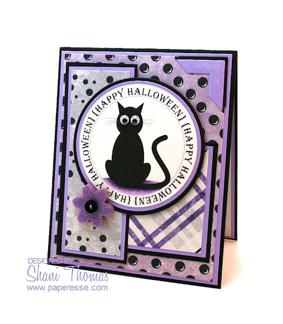 Free digital stamp black cat Halloween card, by Paperesse.