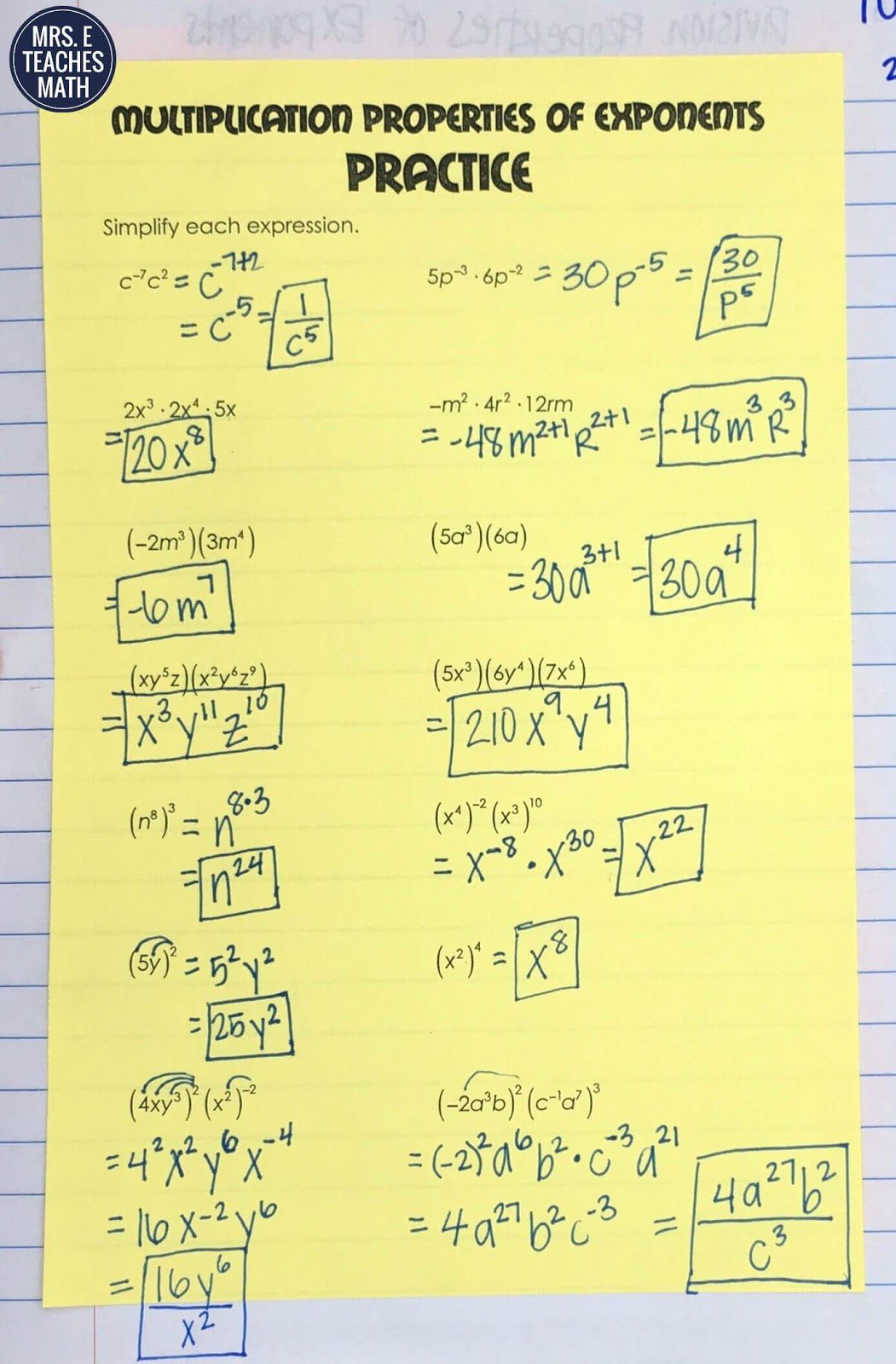 Multiplication Property Of Exponents Worksheet