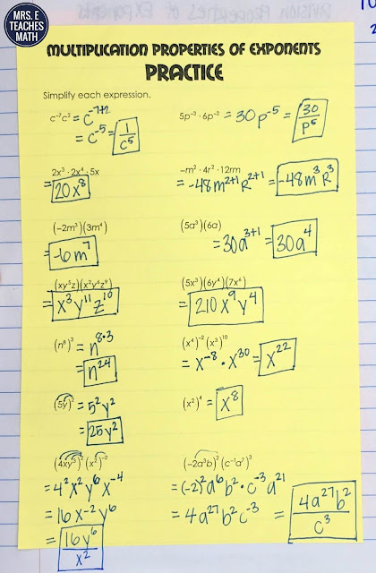 multiplication properties of exponents foldable and practice for algebra