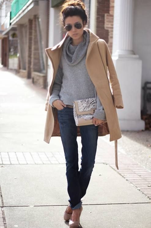 Jeans, grey sweater and sand coat and heels | Luvtolook | Virtual Styling