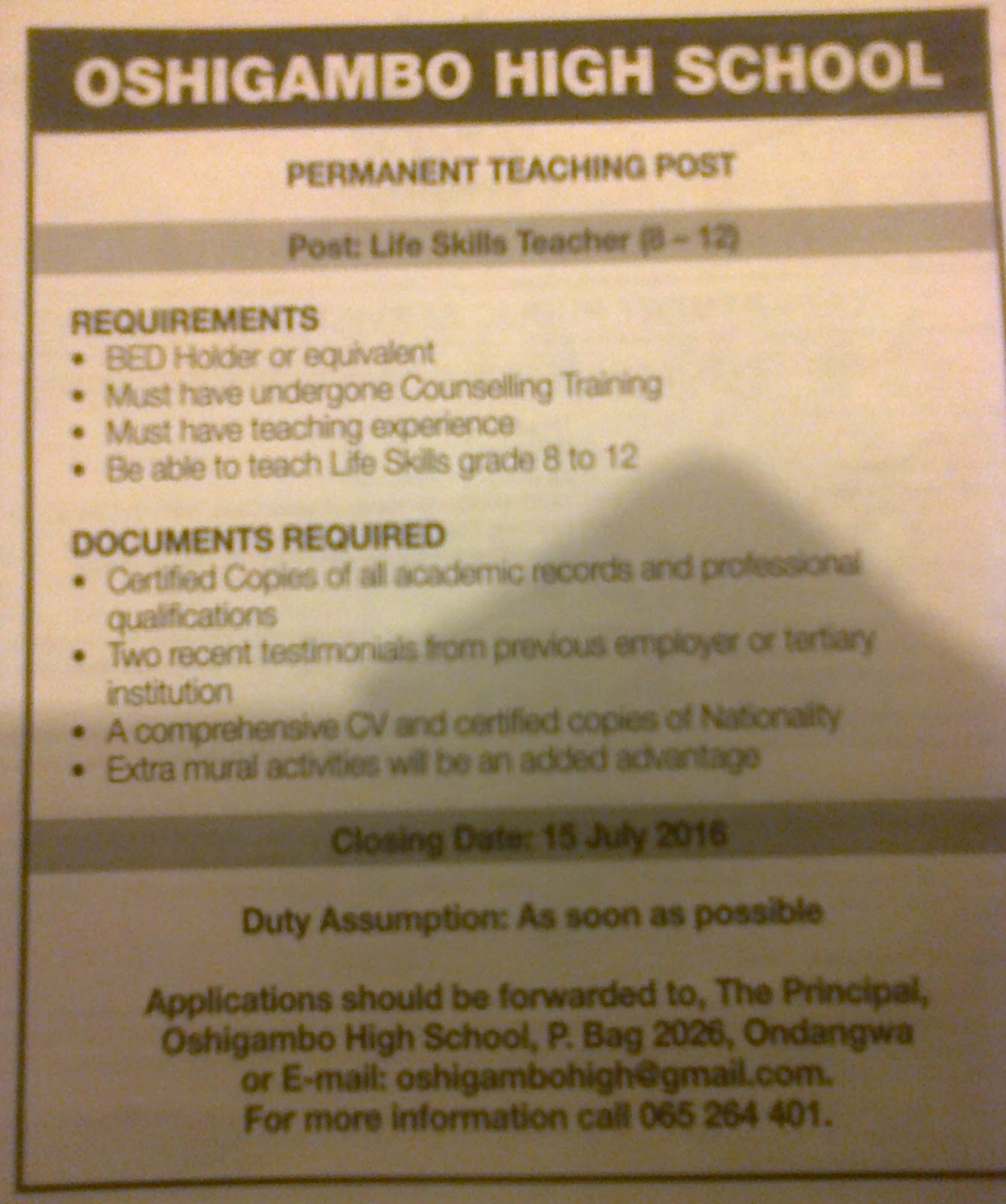 Jobs in Namibia Job Vacancy Life Skills Teacher Wanted for Grade 8