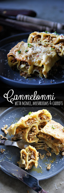 Cannelloni mit würziger Füllung aus Hackfeisch, Feta, Pilzen und Karotten