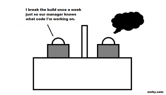 I break the build once a week just so our manager knows what code I'm working on.