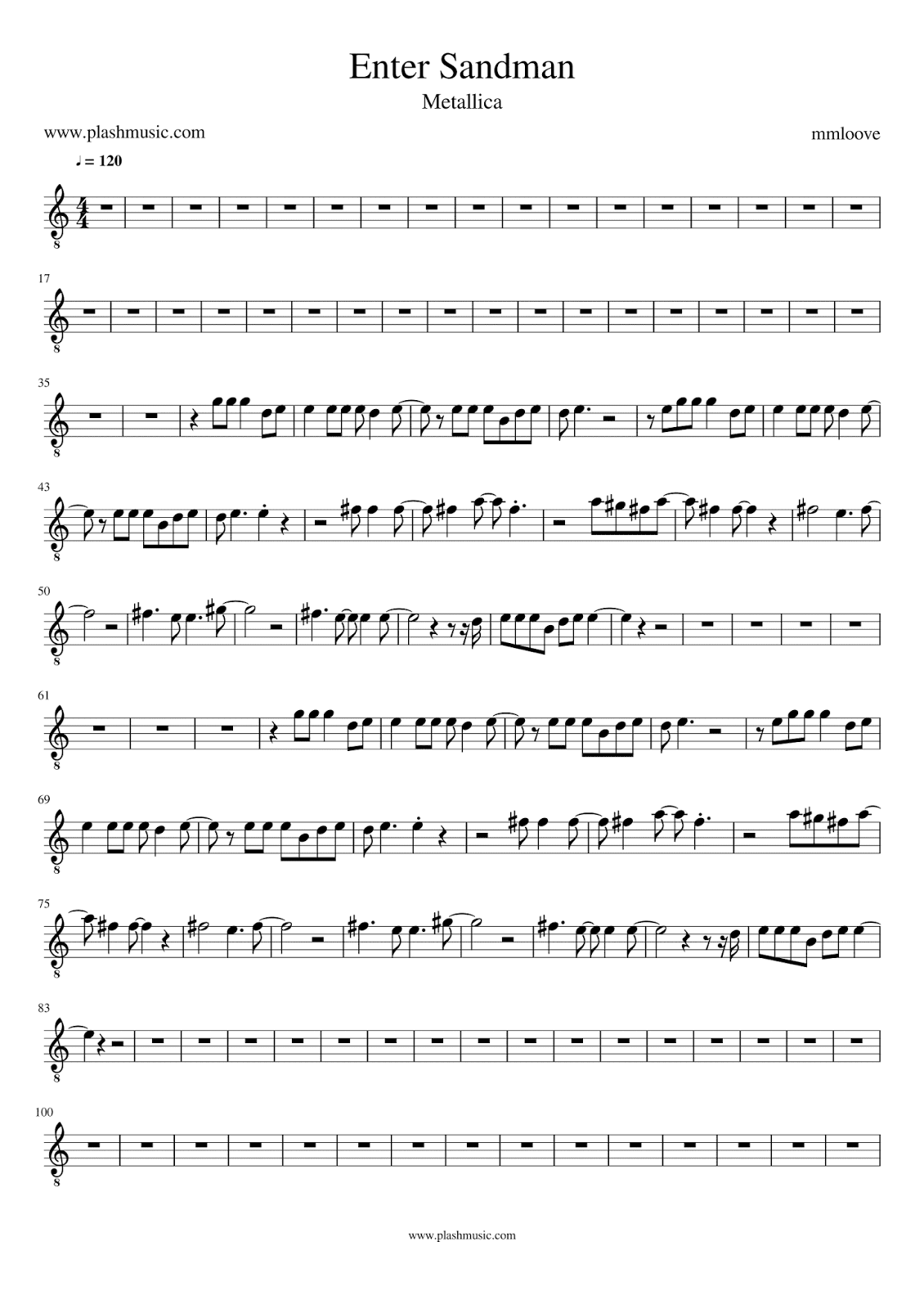 Sheet music and backing track of Enter Sandman by Metallica.