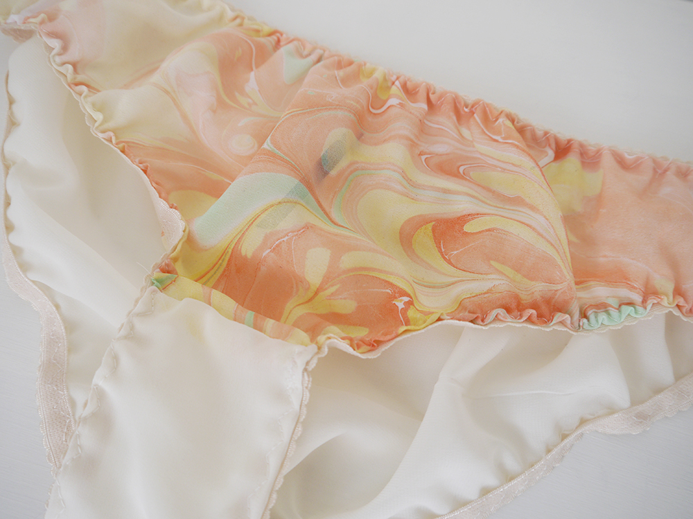 orange and white marble effect dyed chiffon knickers made by Wardrobe Conversations at Edinburgh workshop Mischke Lingerie, Hill Street Deisgn House, silk marbling technique, silk marbling workshop, lingerie making workshop, Edinburgh events, craft blog, how to