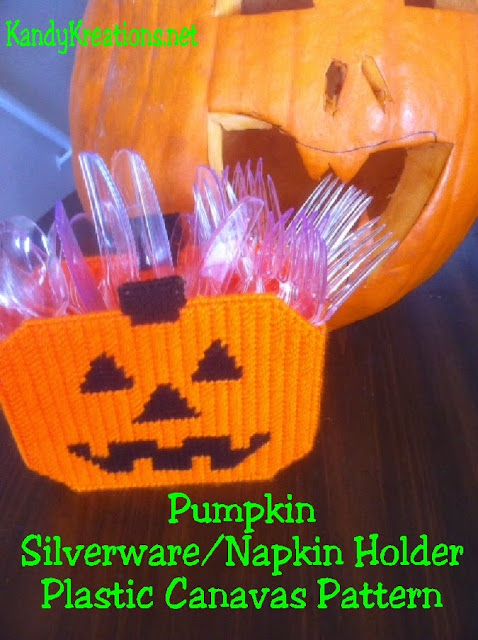 Decorate your Halloween party in a fun and useful way with this cute Halloween pumpkin to sit on your table and hold your party necessities.  This Plastic canvas pattern can be used as a Silverware holder or as a napkin holder at your party.  Try this quick plastic canvas sew that will make a lot of WOW at your Halloween party.
