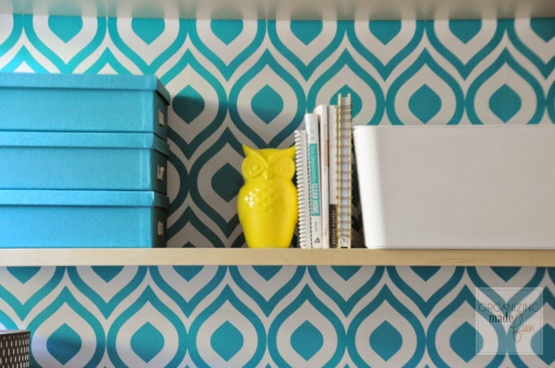 Pops of yellow add to the home office open shelving :: OrganizingMadeFun.com