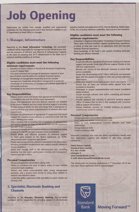 JOBS AT STANDARD BANK MALAWI 11/3/2014