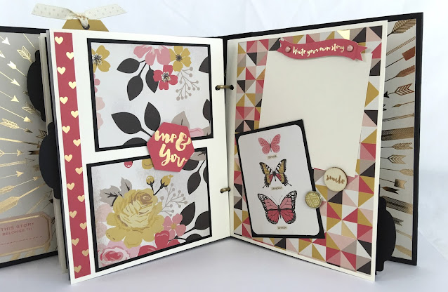 My Story Scrapbook Mini Album Pages with flowers, butterflies, and arrows