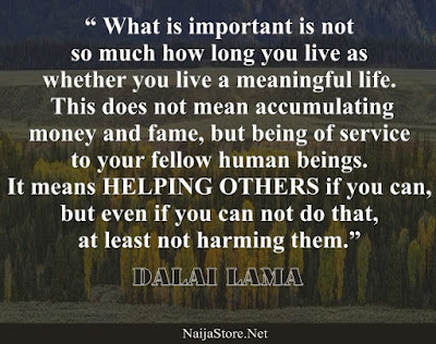 Dalai Lama - What is important is not so much how long you live as whether you live a meaningful life. This does not mean accumulating money and fame, but being of service to your fellow human beings. It means HELPING OTHERS if you can, but even if you can not do that, at least not harming them - Quotes