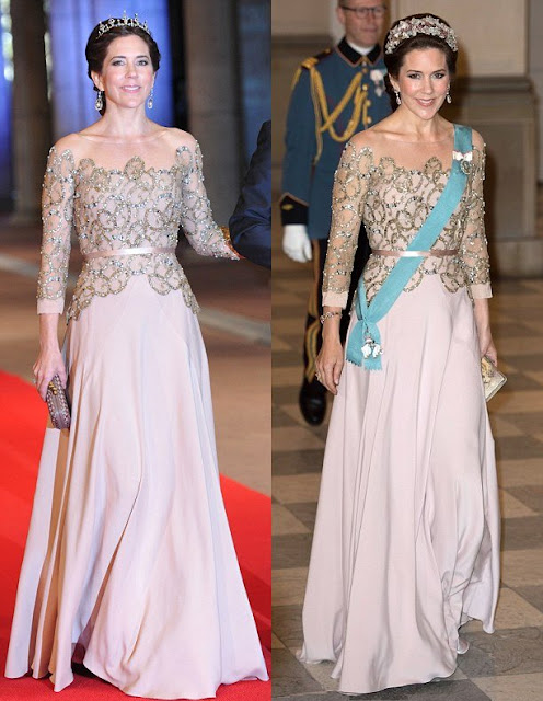 Royal recycler: Mary is known for wearing her gowns repeatedly, such as this blush design worn first in April 2013 (right) and again in April 2015 (left)