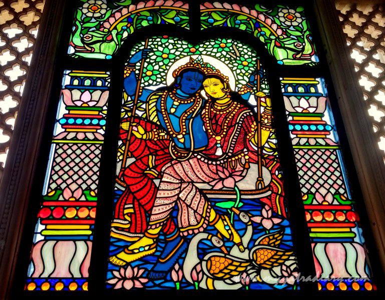 Radha Krishna love stained glass window vedic art gallery - ISKCON Jaipur, Rajasthan