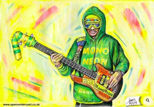 Original Drawing of Mono Neon by Artist Spencer J. Derry.r Bass player who played bass with Prince.