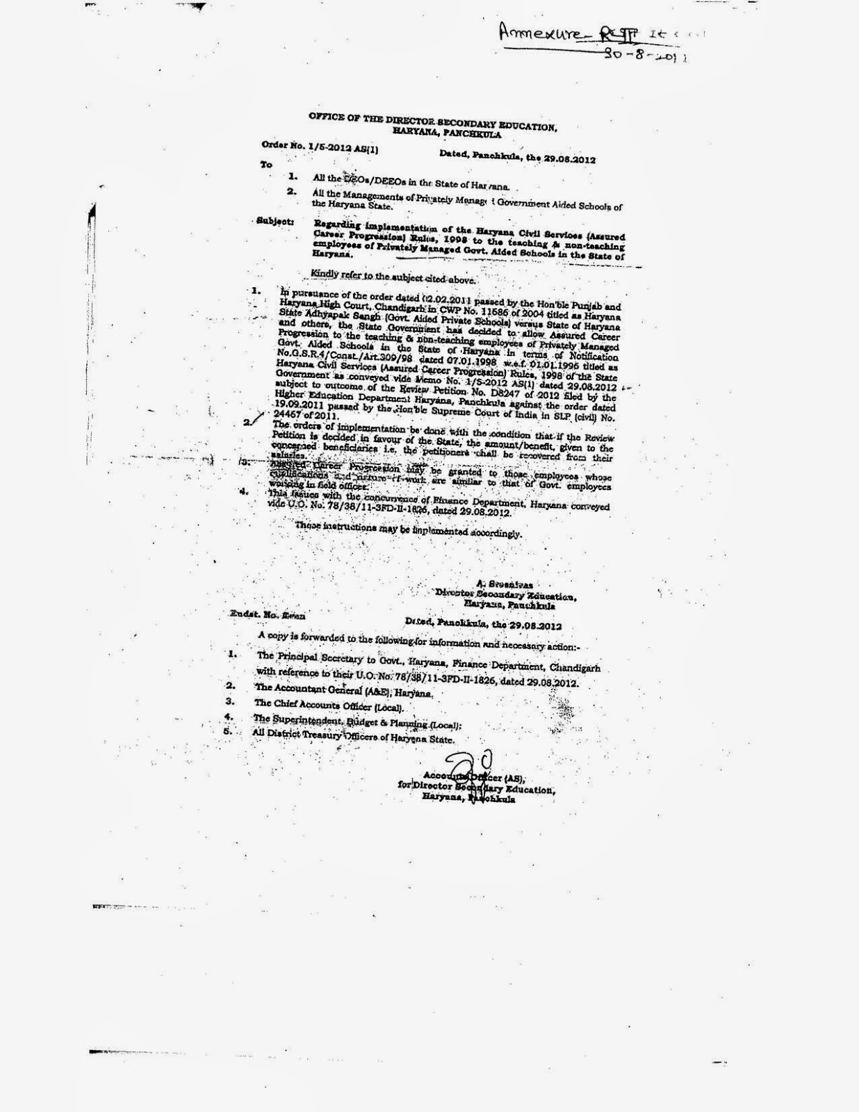 Regarding implementation of the Haryana Civil Services (A.C.P. Assured