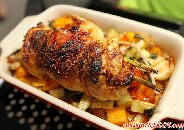 Gourmet Recipe, Roast Stuffed Chicken, Sundried Tomato Pesto, Root Vegetables, Panasonic Cubie Oven, Le Creuset 