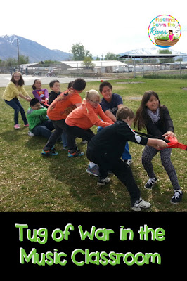 Linda's students first partake in a music activity to determine teams. They then play tug of war, where they have fun while learning about working together.