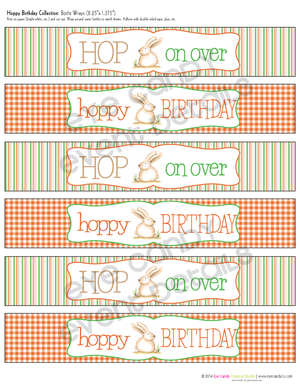 water bottle labels, easter birthday idea, bunny illustration, orange and green
