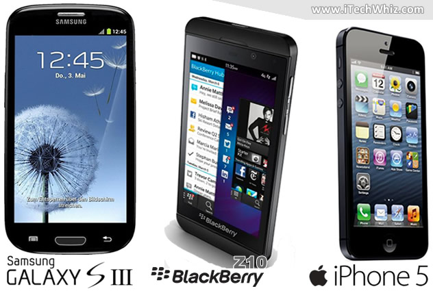 Samsung GS3 vs Blackberry Z10 vs iPhone 5 Review and Specs Charts