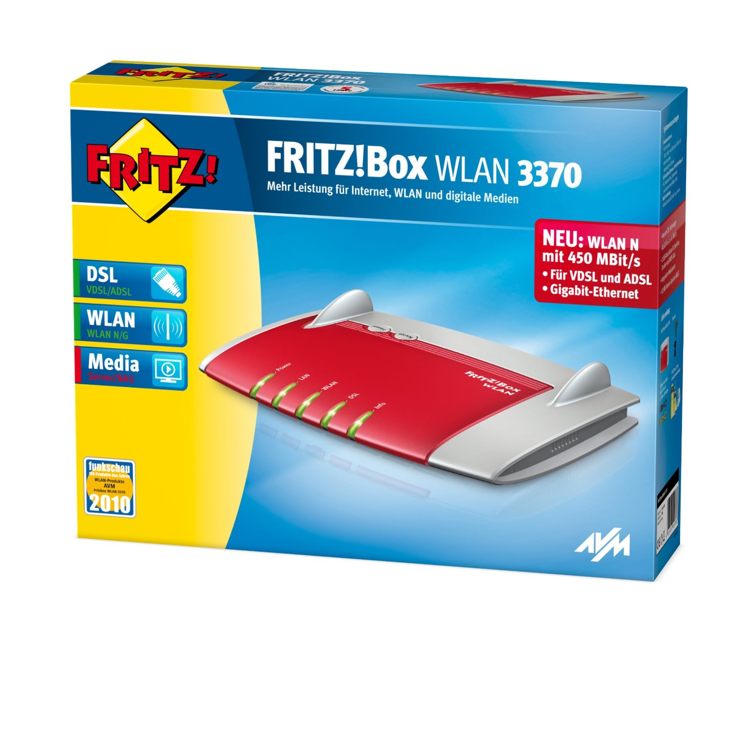 AVM FRITZ WLAN Repeater AVM FRITZ!Box WLAN 3370 Wlan Router (VDSL/ADSL, 450 Mbit/s, Media