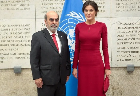 Queen Letizia wore Carolina Herrera red dress, carried Felipe Varela clutch bag. Queen visited the Spanish Royal Academy in Rome